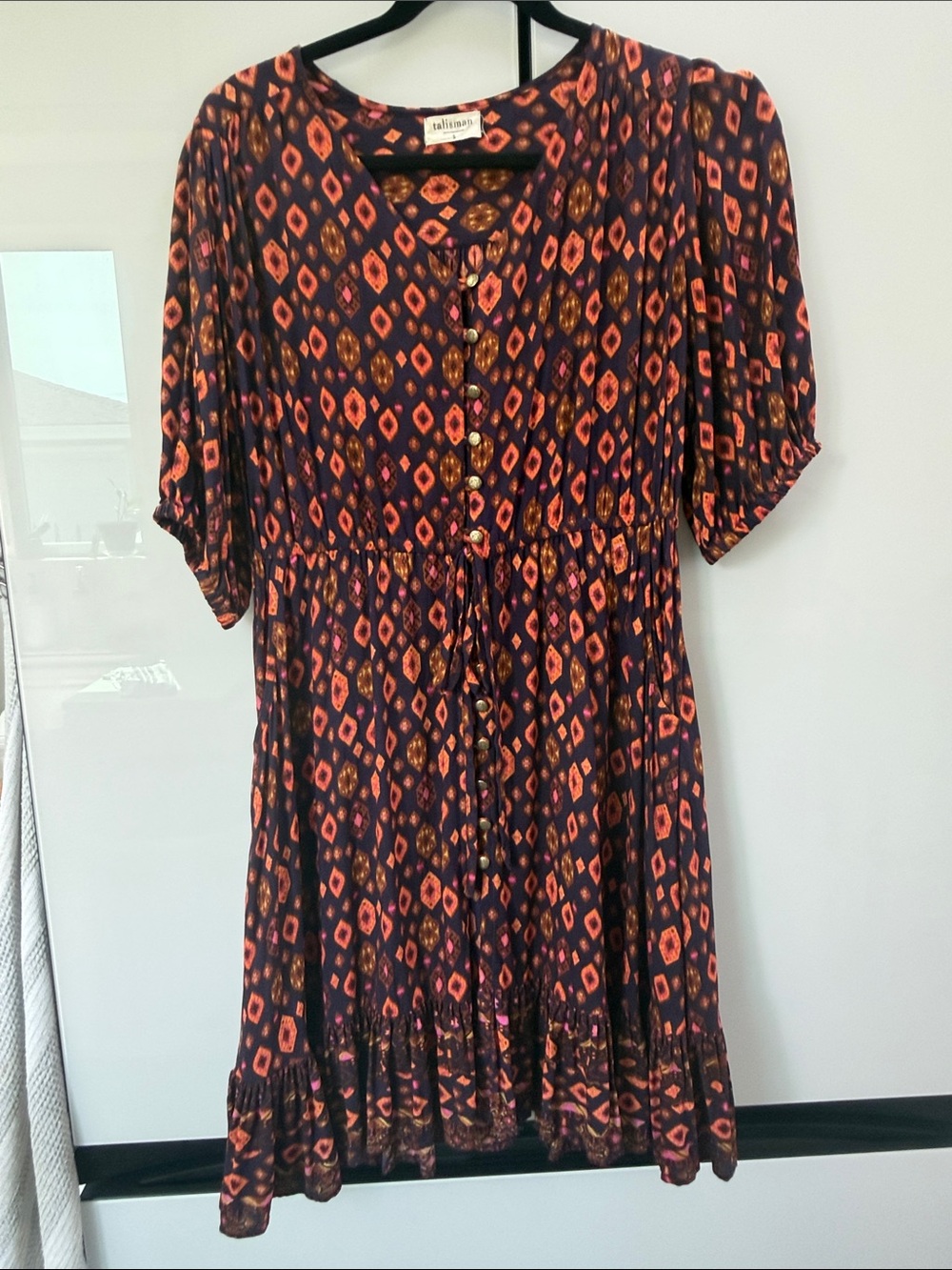 Talisman Printed Navy and Orange Button-Front Midi Dress with Drawstring Waist